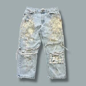 Vintage Thrashed Denim Jeans Tommy Hilfiger 90s Faded Blue Paint Splatter 31x24